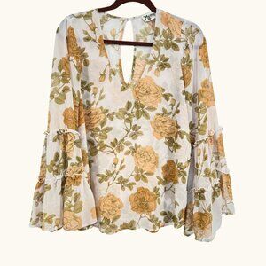 Show Me Your Mumu Nicolette Floral Bell Sleeve Pink Peach Blouse‎ Size XS